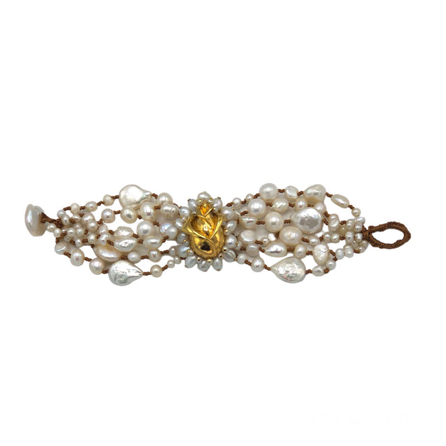 Pearl crochet bracelet with brass medallion