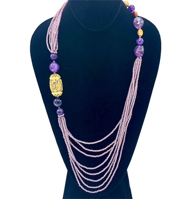 Purple multistrand necklace with amethyst, pearl details