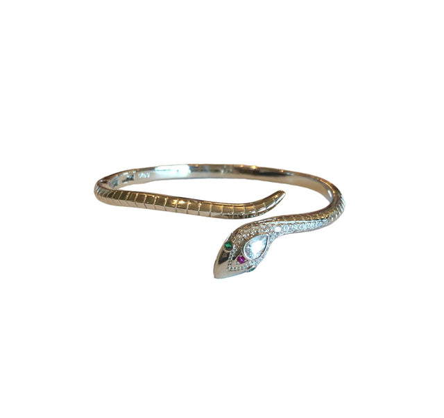 Petite silver snake cuff with pink stone eye