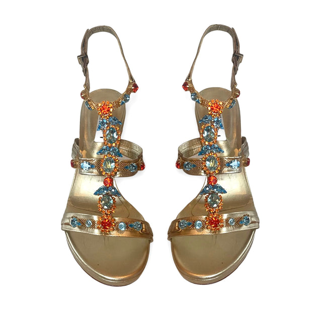 Kitten Heel Tiffi Capri Sandals in Coral and Blue