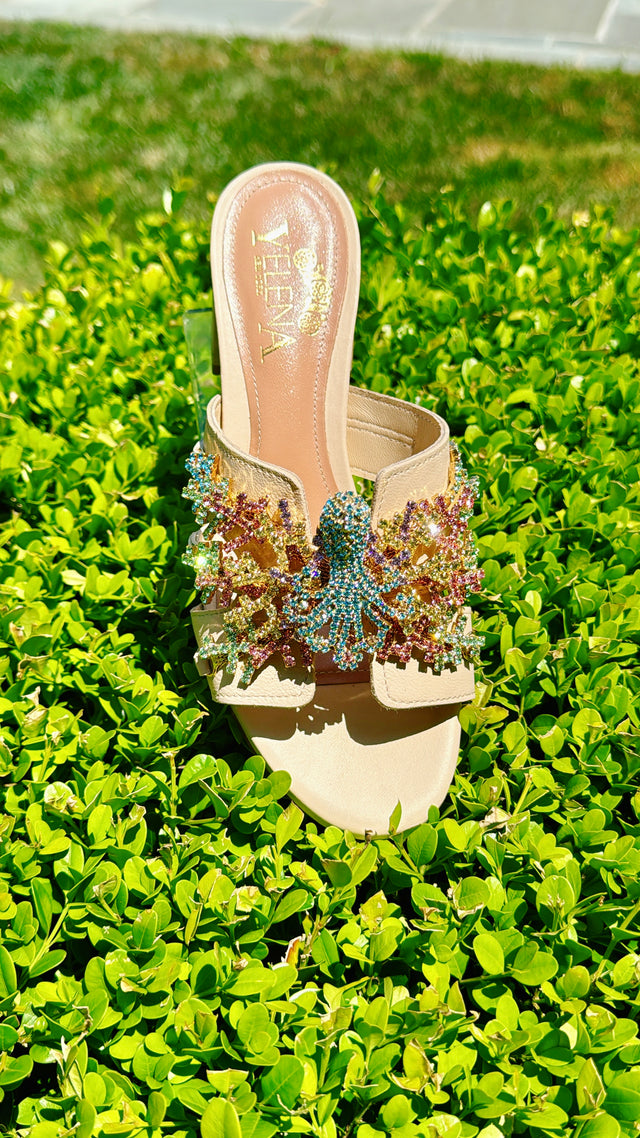 Multicolored octopus and coral jeweled chunky heel sandals in beige leather