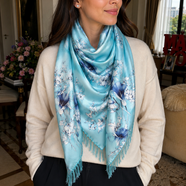 The Azure Bloom Silk Scarf