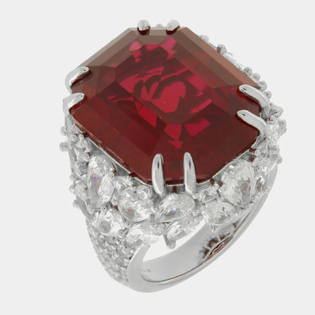 925 Sterling Silver Ring with Red Zircon and Clear Zircon Embellishment