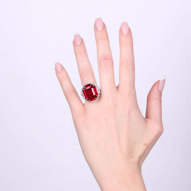 925 Sterling Silver Ring with Red Zircon and Clear Zircon Embellishment