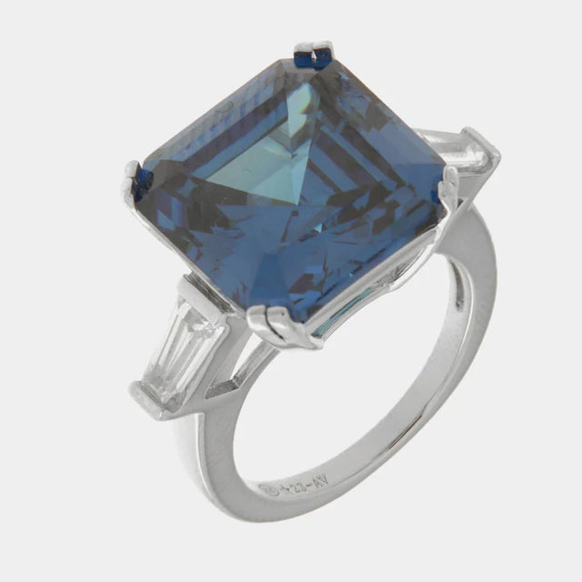925 Sterling Silver Square Ring with Blue Zircon