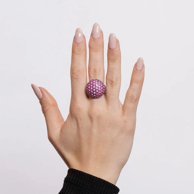Domed 925 Sterling Silver Ring with Red Pavé