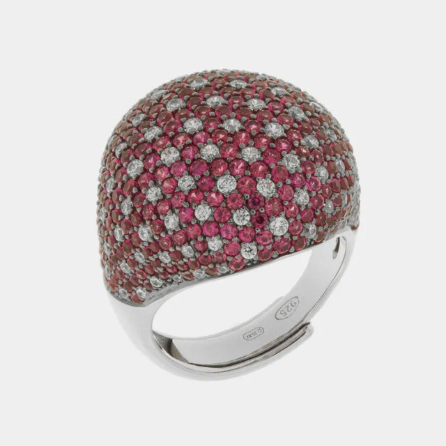 Domed 925 Sterling Silver Ring with Red Pavé