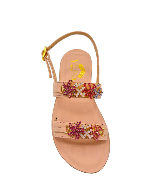 Pink Crystal Coral Starfish Crystal Mini-Me Flat Sandals in Leather - Larger Size