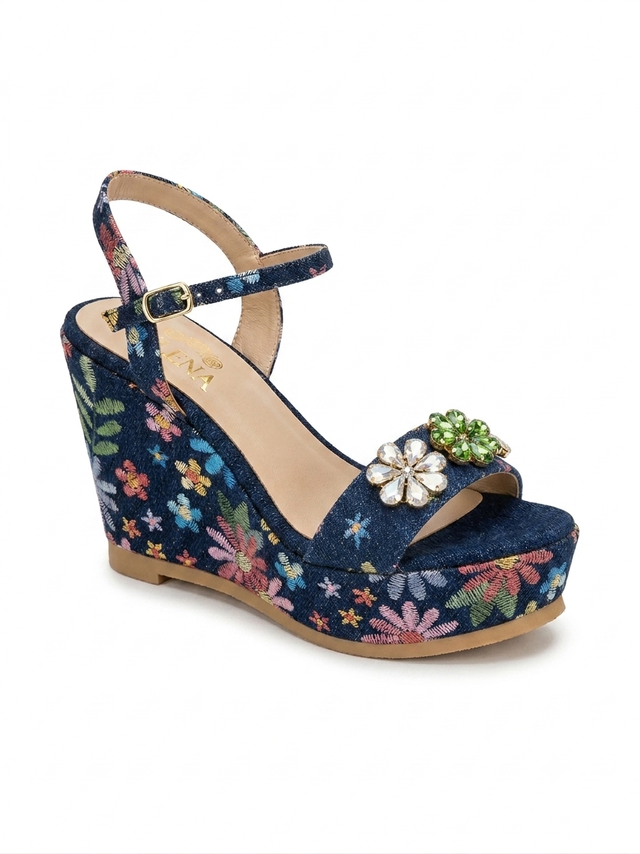 Oraya Embellished Floral Denim Platform Wedge Sandals
