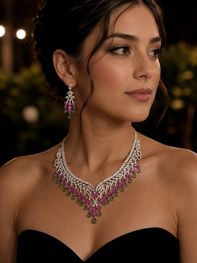 Pink and Green Silver Necklace with Zirconias