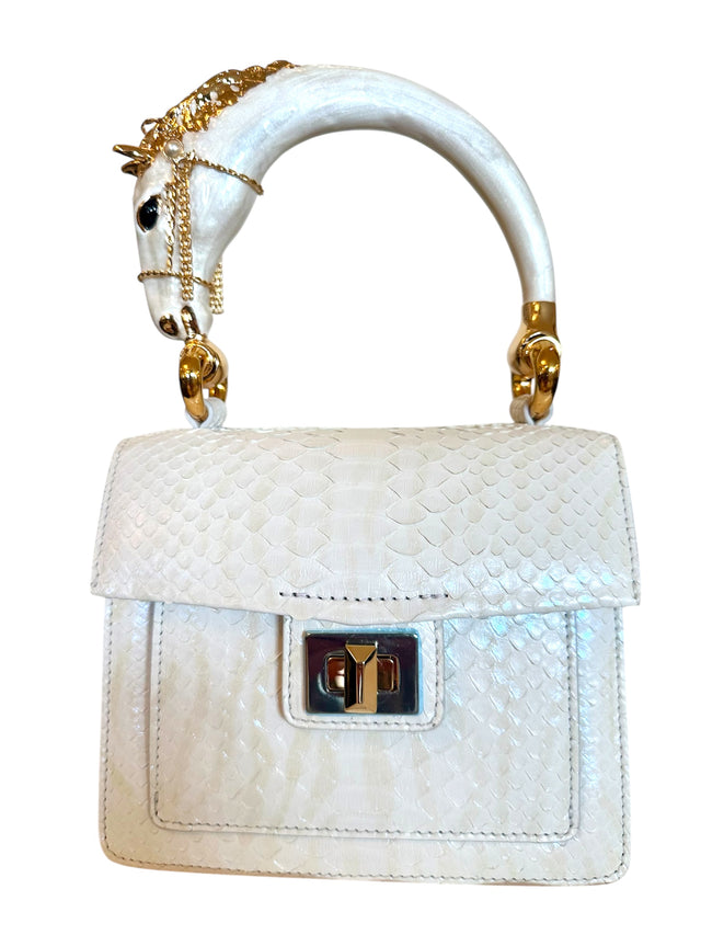 Snow White Python handbag with hand-painted pony horse enamelled brass handle