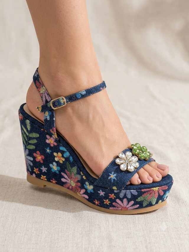 Oraya Embellished Floral Denim Platform Wedge Sandals