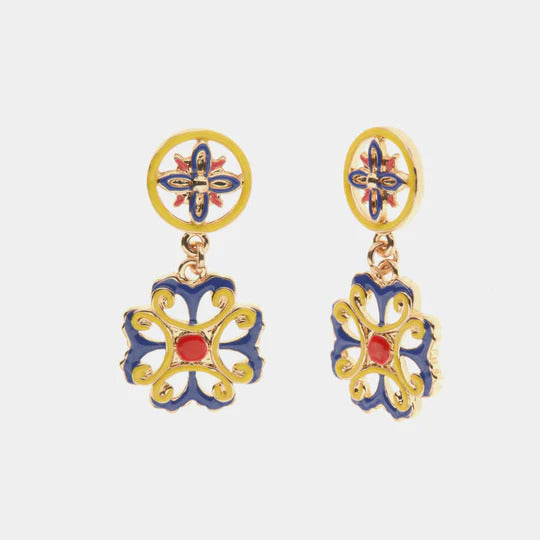Metal earrings with blue, yellow and red enamelled flower majolica