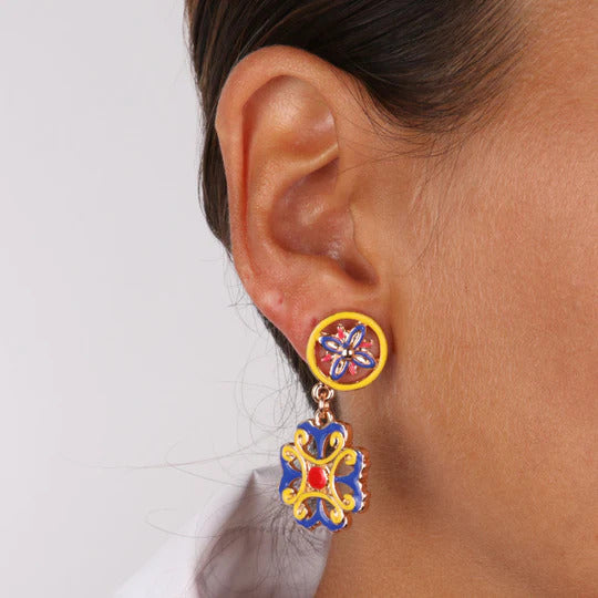 Metal earrings with blue, yellow and red enamelled flower majolica
