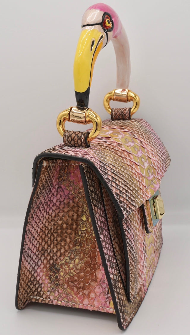 Pink & Gold Python top handle bag with pink flamingo handle charm