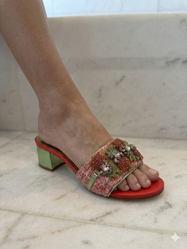 Coral Tweed Slide Sandals with Crystal Embellishments