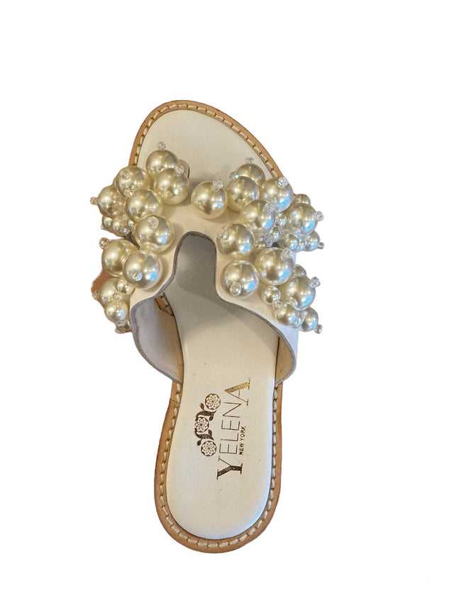 White Calf Leather Slide Sandals with Artificial Pearls