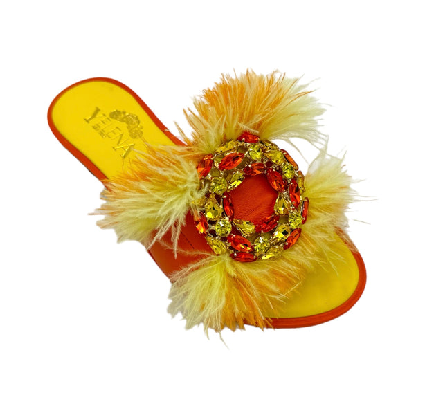 Coral Orange Feather Dream Slide Sandals in Leather