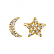 14k Yellow Gold Moon And Star Diamond Stud Earrings