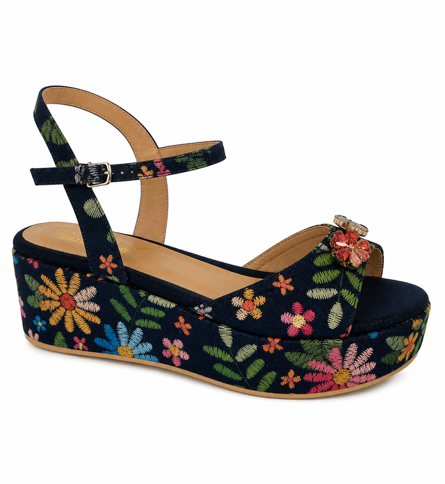 Nysa Crystal Flower Denim Wedge Sandals