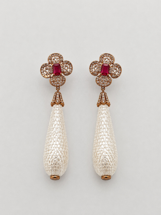 Rose Gold and White Earrings with a Red Zircon