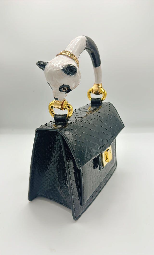 Black python handbag with hand-painted panda enamelled brass handle