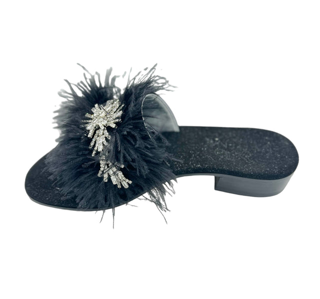 Black Feather Crystal Dream Slide Sandals in Suede