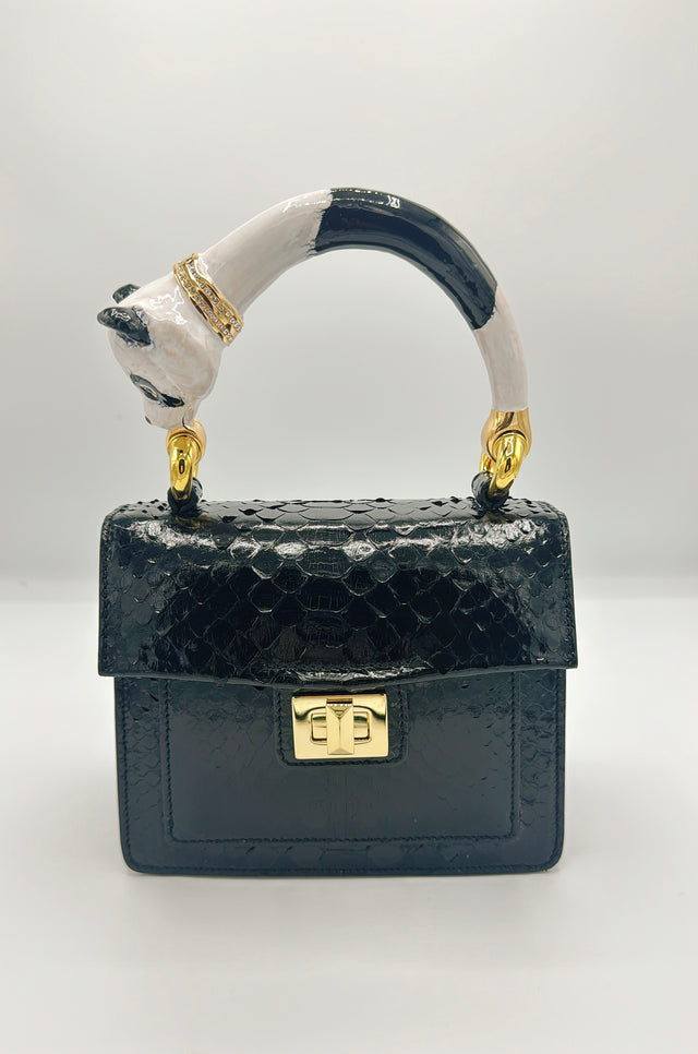 Black python handbag with hand-painted panda enamelled brass handle