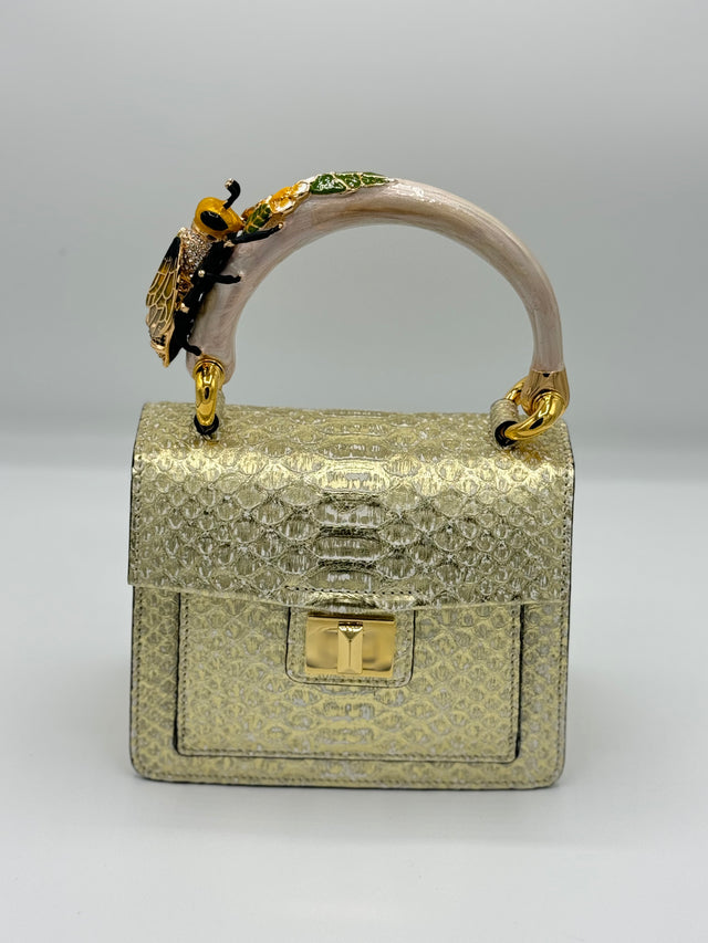 Gold Metallic Python handbag with hand-painted bee enamelled brass handle