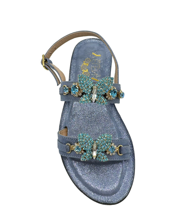 Baby Blue Crystal Butterfly Mini-Me Flat Sandals in Denim - Larger Size