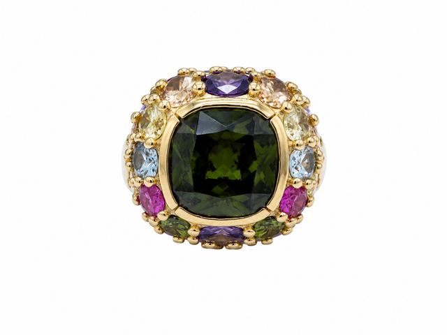 Multicolored Zirconia and Green Stone Ring