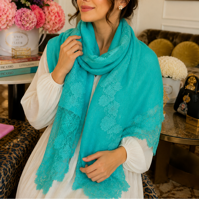 The Laced Cashmere Scarf in Turquoise