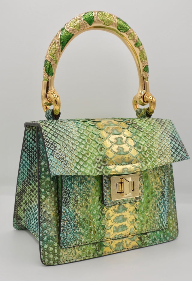 Green & Gold Python Handbag with hand-painted snake brass handle