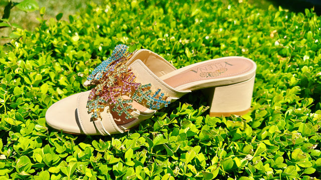 Multicolored octopus and coral jeweled chunky heel sandals in beige leather