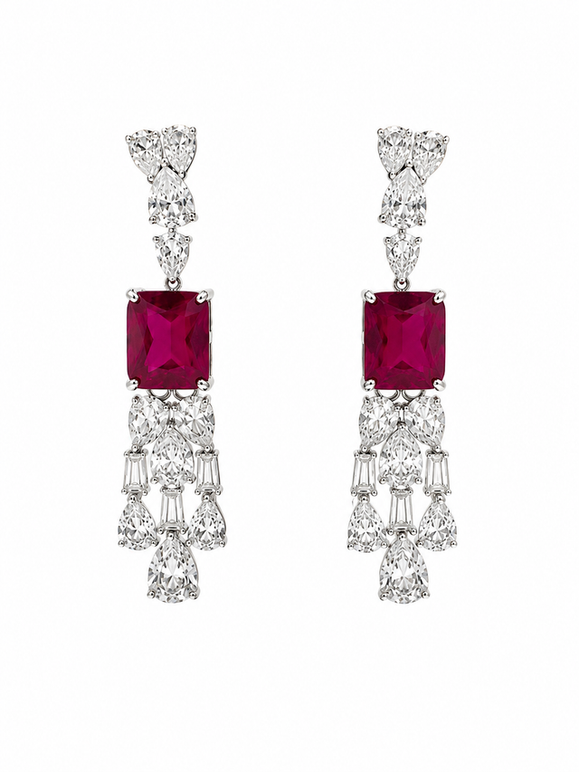 Red Jewel and Cubic Zircon Earrings