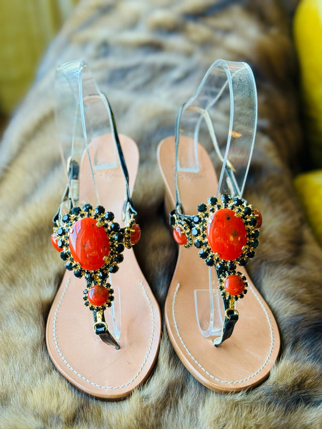 Capri inspired black and coral stone wedge sandals