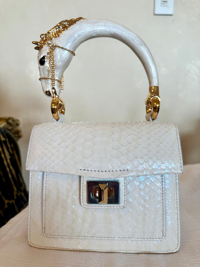 Snow White Python handbag with hand-painted pony horse enamelled brass handle
