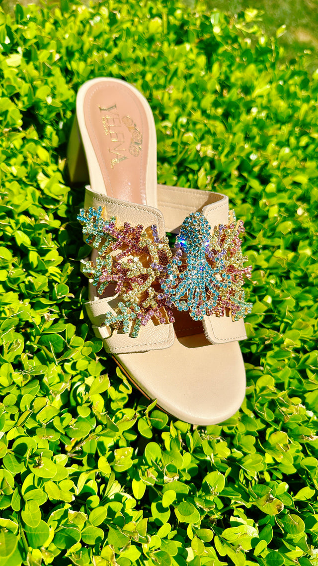 Multicolored octopus and coral jeweled chunky heel sandals in beige leather