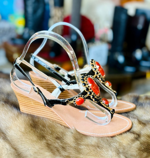 Capri inspired black and coral stone wedge sandals