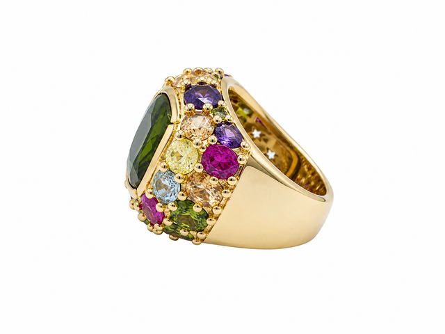 Multicolored Zirconia and Green Stone Ring