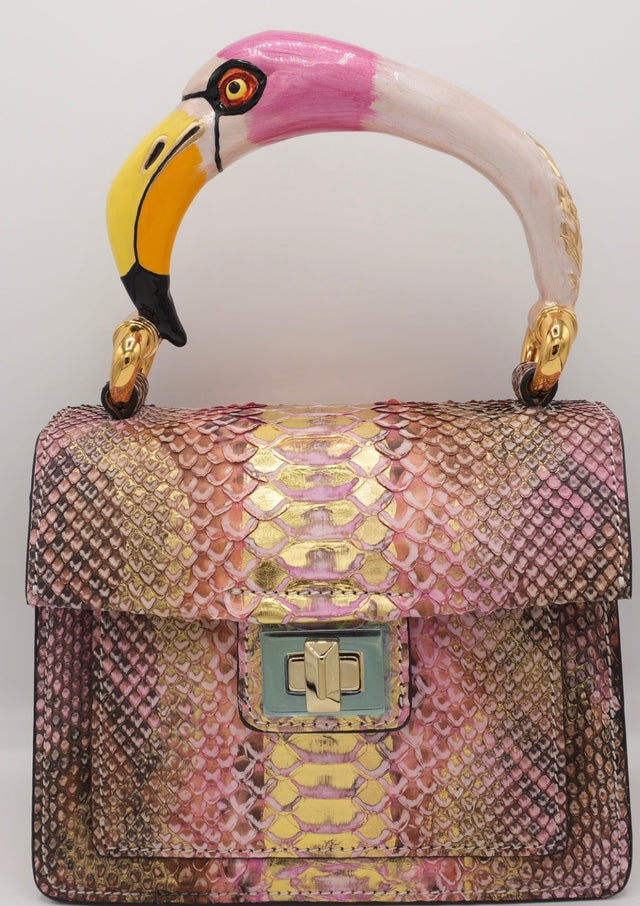 Pink & Gold Python top handle bag with pink flamingo handle charm