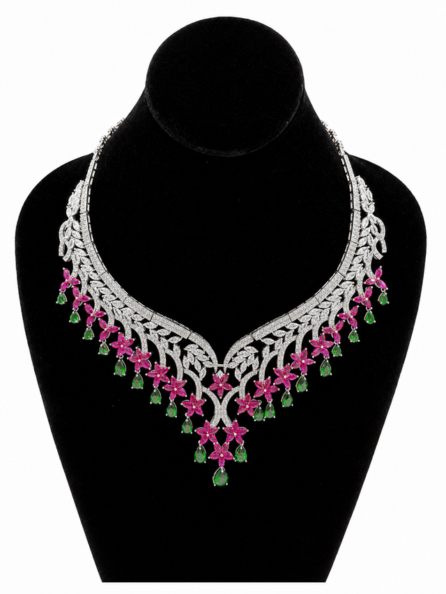 Pink and Green Silver Necklace with Zirconias