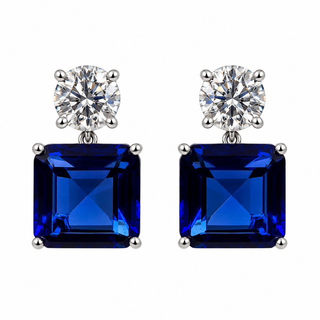 Drop lobe earring with blue square stone