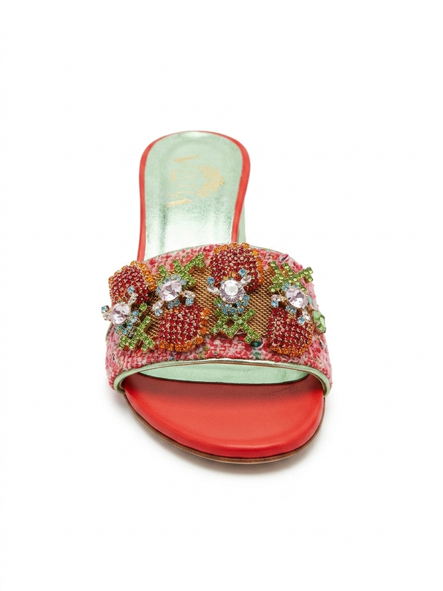 Coral Tweed Slide Sandals with Crystal Embellishments