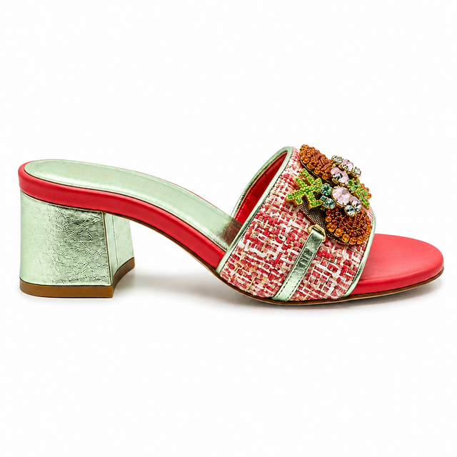Coral Tweed Slide Sandals with Crystal Embellishments