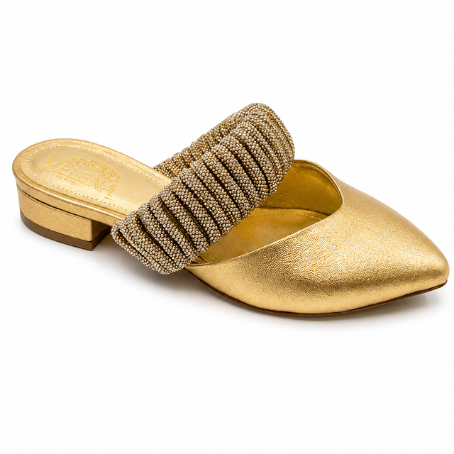 Livia Crystal-Embellished Gold Mule