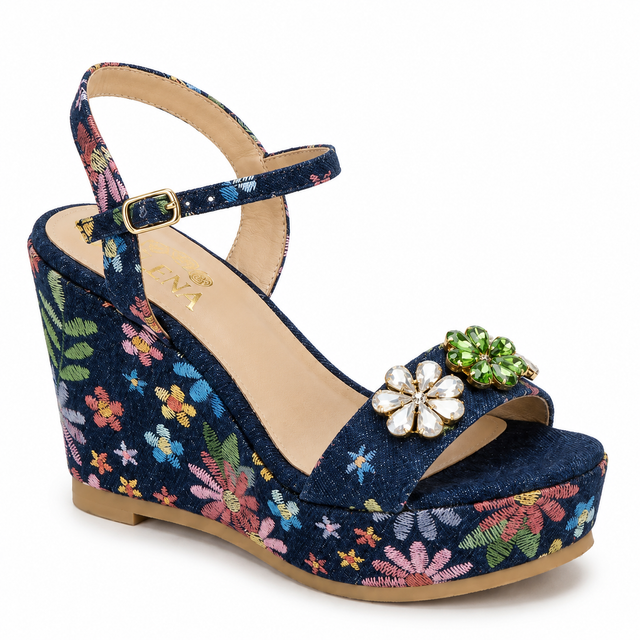 Oraya Embellished Floral Denim Platform Wedge Sandals