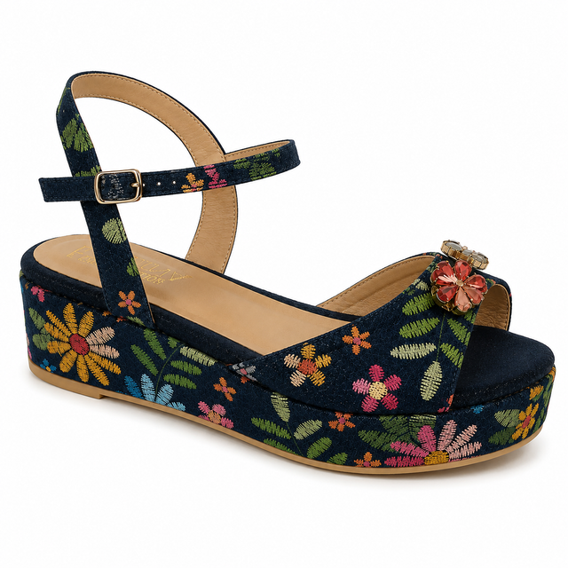 Nysa Crystal Flower Denim Wedge Sandals