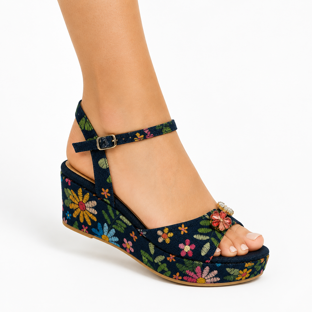Nysa Crystal Flower Denim Wedge Sandals