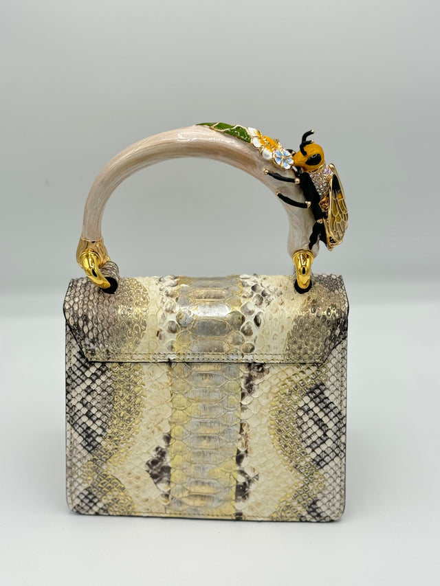 Python handbag with hand-painted bee enamelled brass handle